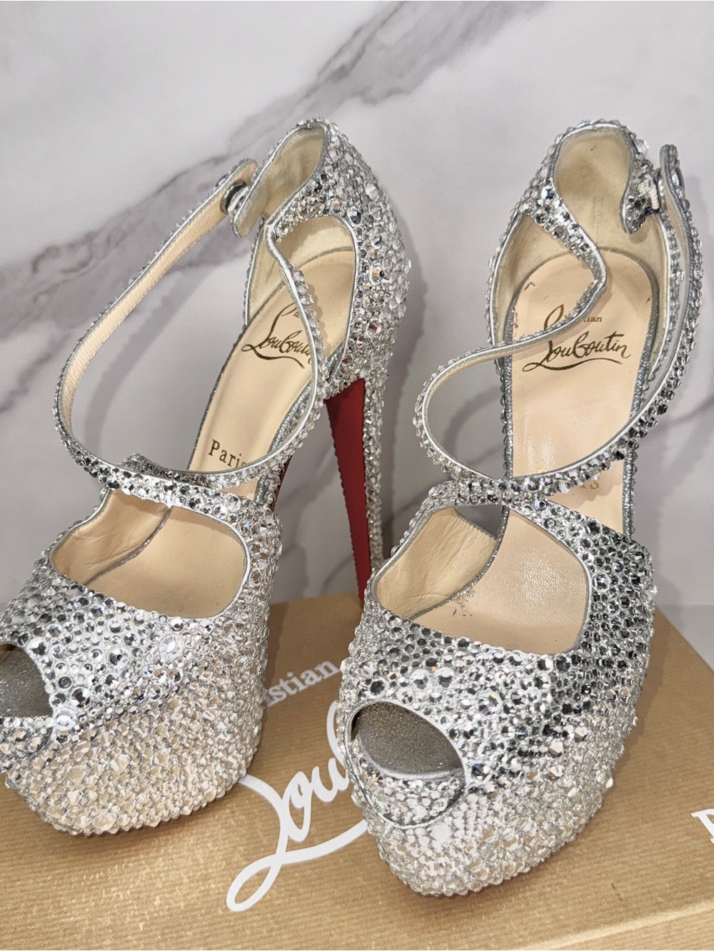 Christian Louboutin Exagona Strass Crystal Silver Platform Heel EU 35.5 / US 5.5
